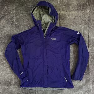 Women's Mountain Hardwear Dry Q Purple Gray Lined Hooded Rain Coat Jacket Sz M